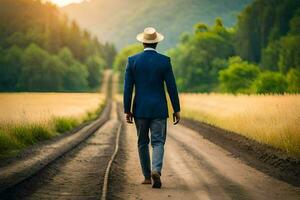 ein Mann im ein passen und Hut Spaziergänge Nieder ein Straße. KI-generiert foto