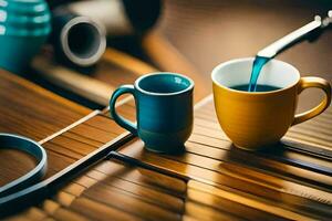 ein Person Gießen Blau Flüssigkeit in ein Kaffee Tasse. KI-generiert foto