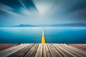 ein lange hölzern Seebrücke mit ein Gelb Linie führen zu das Ozean. KI-generiert foto