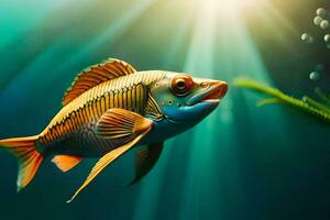 ein Fisch Schwimmen im das Wasser mit Sonnenlicht leuchtenden. KI-generiert foto