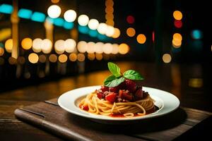 Spaghetti mit Tomate Soße und Basilikum auf ein Platte. KI-generiert foto