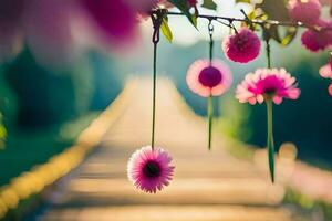 Rosa Blumen hängend von ein hölzern Brücke. KI-generiert foto