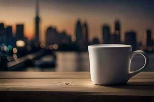 ein Kaffee Tasse auf ein hölzern Tabelle im Vorderseite von ein Stadtbild. KI-generiert foto