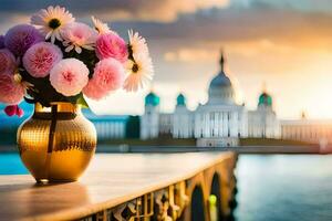 Blumen im ein Vase auf ein Brücke mit Blick auf ein Stadt. KI-generiert foto