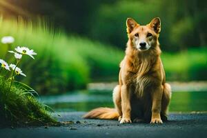 ein Hund Sitzung auf das Straße in der Nähe von ein Teich. KI-generiert foto