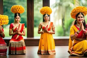indisch Frauen im traditionell Kleidung durchführen ein tanzen. KI-generiert foto