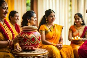 ein Gruppe von Frauen im Saris Sitzung um ein Topf. KI-generiert foto