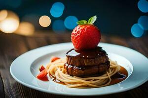 ein Teller gekrönt mit Spaghetti und Erdbeeren. KI-generiert foto