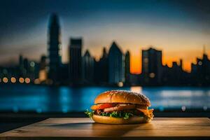 ein Burger auf ein Tabelle im Vorderseite von ein Stadt Horizont. KI-generiert foto