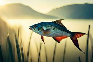 ein Fisch ist fliegend Über ein See mit Gras und Berge im das Hintergrund. KI-generiert foto