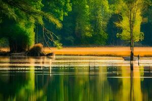 ein Boot ist auf das Wasser im ein See umgeben durch Bäume. KI-generiert foto