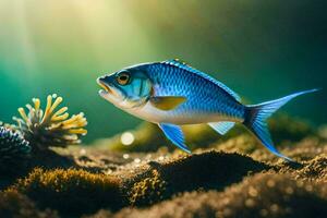 ein Blau Fisch ist Stehen auf das Ozean Boden. KI-generiert foto