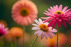 Rosa Blumen im ein Feld mit verschwommen Hintergrund. KI-generiert foto