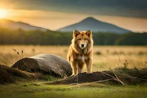 ein Hund Stehen auf ein Felsen im ein Feld beim Sonnenuntergang. KI-generiert foto