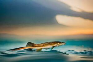 ein Fisch Schwimmen im das Ozean beim Sonnenuntergang. KI-generiert foto