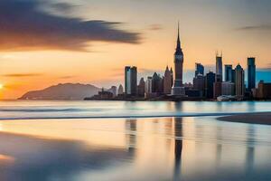 das Stadt Horizont ist reflektiert im das Wasser beim Sonnenuntergang. KI-generiert foto