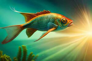ein Fisch Schwimmen im das Ozean mit das Sonne leuchtenden. KI-generiert foto