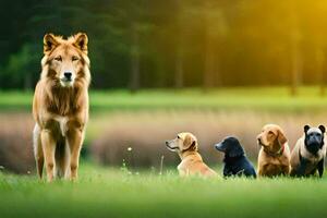 ein Gruppe von Hunde und ein Löwe Stehen im das Gras. KI-generiert foto