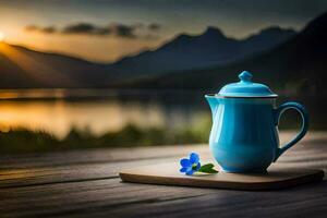 das Teekanne ist auf ein hölzern Tabelle im Vorderseite von ein See und Berge. KI-generiert foto