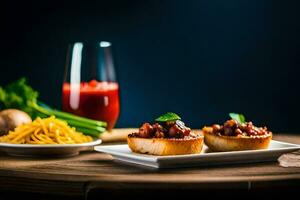 zwei klein Platten mit Essen auf ein hölzern Tisch. KI-generiert foto