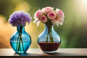 zwei Vasen mit Rosa und lila Blumen im ihnen. KI-generiert foto
