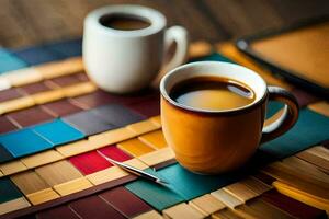 zwei Tassen von Kaffee auf ein Tabelle mit ein Stift und ein Notizbuch. KI-generiert foto