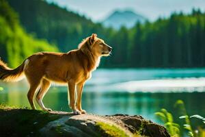 ein Hund Stehen auf ein Felsen mit Blick auf ein See. KI-generiert foto