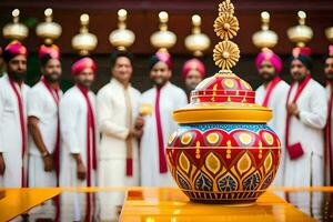ein Gruppe von Männer im traditionell indisch Kleidung Stehen um ein groß Vase. KI-generiert foto