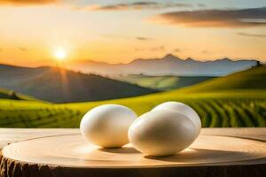 Eier auf ein hölzern Teller im Vorderseite von ein Sonnenuntergang. KI-generiert foto
