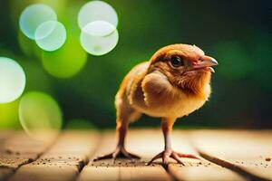 ein klein Vogel Stehen auf ein hölzern Boden. KI-generiert foto