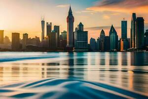 das Stadt Horizont ist reflektiert im das Wasser beim Sonnenuntergang. KI-generiert foto