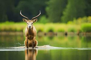 ein Hirsch ist Sitzung im das Wasser und suchen beim das Kamera. KI-generiert foto