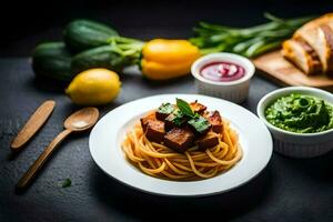 Spaghetti mit Tofu und Gemüse auf ein Tisch. KI-generiert foto