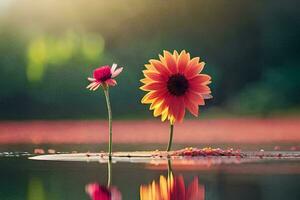 zwei Blumen sind Stehen im das Wasser mit das Sonne leuchtenden. KI-generiert foto