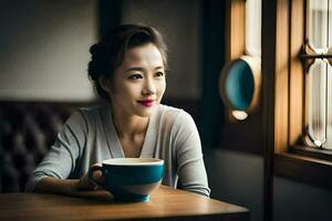 ein Frau Sitzung beim ein Tabelle mit ein Tasse von Kaffee. KI-generiert foto