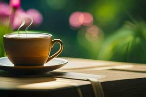 ein Tasse von Kaffee auf ein hölzern Tabelle im das Garten. KI-generiert foto