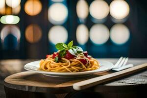 ein Teller von Spaghetti mit Tomate Soße und Basilikum Blätter auf ein hölzern Tisch. KI-generiert foto