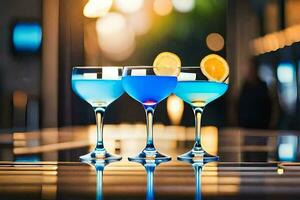 drei Brille von Blau Cocktail auf ein Bar. KI-generiert foto