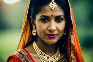 ein schön indisch Frau tragen ein traditionell Sari. KI-generiert foto