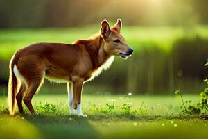 ein Hund ist Stehen im das Gras auf ein sonnig Tag. KI-generiert foto