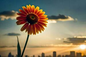 ein Single Sonnenblume ist Stehen im Vorderseite von ein Stadt Horizont. KI-generiert foto