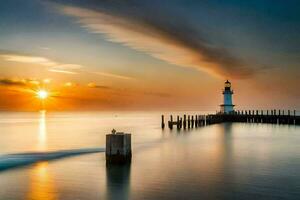 ein Leuchtturm steht auf das Ufer von das Ozean beim Sonnenuntergang. KI-generiert foto