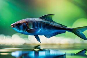 ein Fisch ist schwebend im das Wasser mit ein Grün Hintergrund. KI-generiert foto