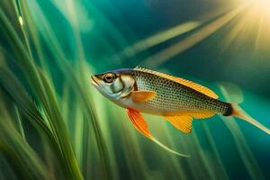 ein Fisch Schwimmen im das Gras mit Sonnenlicht leuchtenden. KI-generiert foto