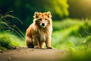 ein Hund Sitzung auf ein Pfad im das Gras. KI-generiert foto