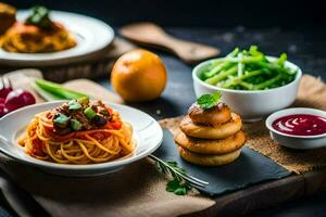 Spaghetti mit Fleischklößchen und Gemüse auf ein hölzern Tisch. KI-generiert foto