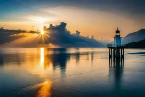 Foto Hintergrund das Himmel, Wolken, Berge, Wasser, Leuchtturm, Sonnenaufgang, das Sonne, Die. KI-generiert