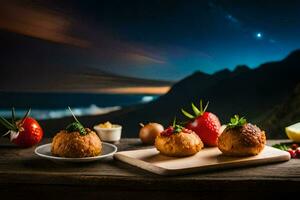 Essen auf ein hölzern Tabelle mit ein Aussicht von das Ozean. KI-generiert foto