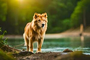 ein Hund Stehen auf das Ufer von ein Fluss. KI-generiert foto