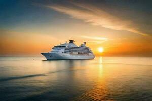 ein Kreuzfahrt Schiff im das Ozean beim Sonnenuntergang. KI-generiert foto